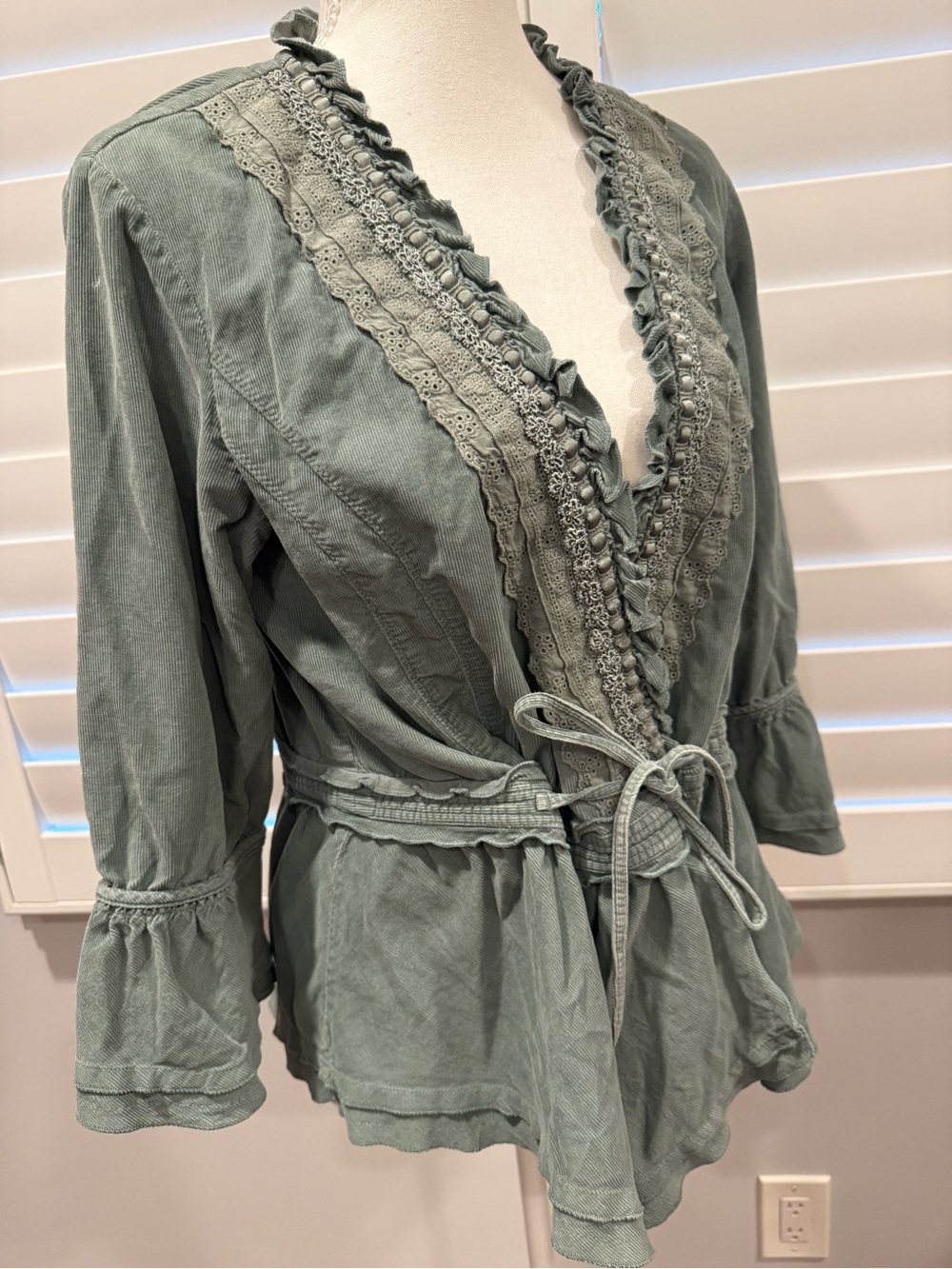 J. Jill Sage Green Lace-Trim Tie-Waist Jacket